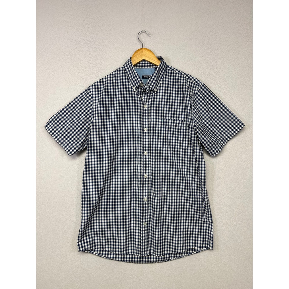 Preppy Casual IZOD Mens Size Medium Blue Gingham Short Sleeve Button Front Shirt